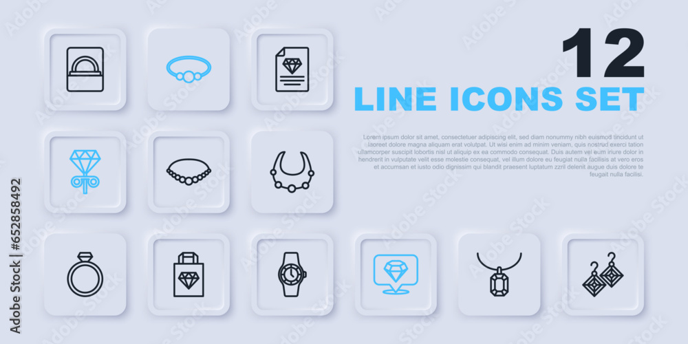 Set line Pendant on necklace, Earrings, Pearl, Diamond, Stud earrings, Shopping bag jewelry, Bracelet and Wrist watch icon. Vector Set line Pendant on necklace, Earrings, Pearl, Diamond, Stud earrings, Shopping bag jewelry, Bracelet and Wrist watch icon. Vector