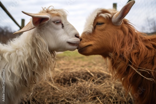 a pair of different gender goats headbutting playfully