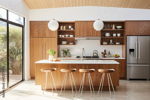 Modern kitchen with flat-panel walnut cabinets, white quartz countertops, a retro-style Smeg refrigerator, and a trio of pendant lights with an organic shape hanging above the island © RBGallery