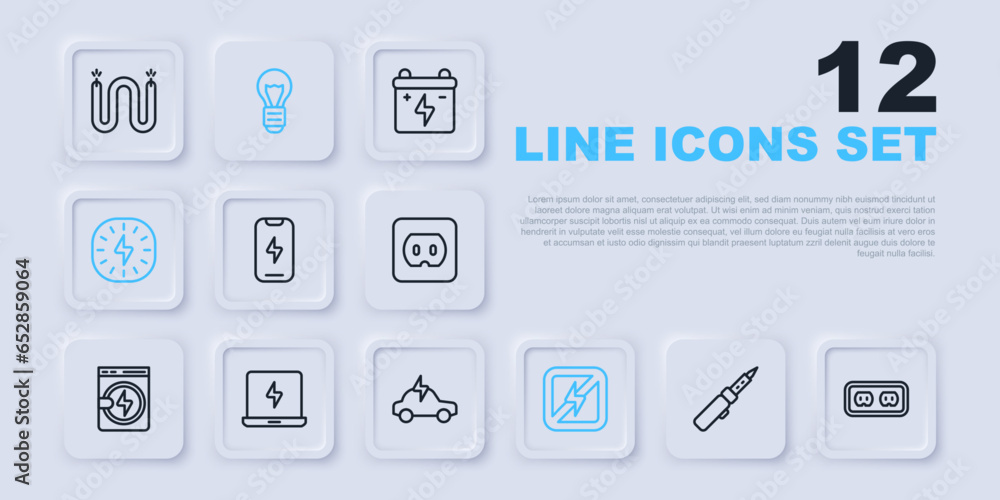 Set line Soldering iron, Electrical outlet, Mobile phone, No lightning, Lightning bolt, Laptop, Creative lamp idea and car icon. Vector Set line Soldering iron, Electrical outlet, Mobile phone, No lightning, Lightning bolt, Laptop, Creative lamp idea and car icon. Vector