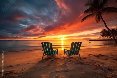 sunset on a tropical beach with two lounging chairs side by side