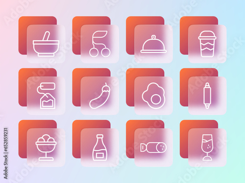 Set line Coffee cup to go, Sauce bottle, Scrambled egg, Salami sausage, Eggplant, Covered with tray food, Mortar and pestle and Fresh berries icon. Vector