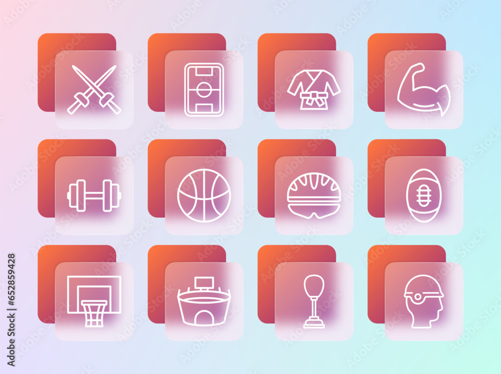 Set line Bodybuilder showing his muscles, Stadium, Bicycle helmet, Punching bag, Basketball ball, Kimono, Fencing and Football field icon. Vector Set line Bodybuilder showing his muscles, Stadium, Bicycle helmet, Punching bag, Basketball ball, Kimono, Fencing and Football field icon. Vector