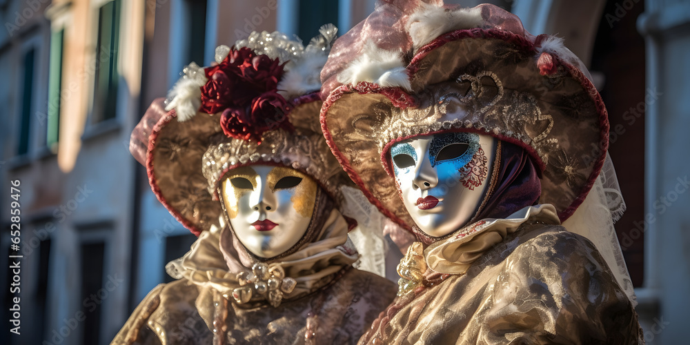 Banner Traditional Festival Venice, Italy Colorful carnival masks. Generation AI - obrazy, fototapety, plakaty 