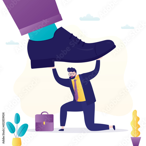 Giant boot of boss pressure worker man. Male employee under heavy pressure from superiors, hierarchy concept. Despotism, subordination in the office.