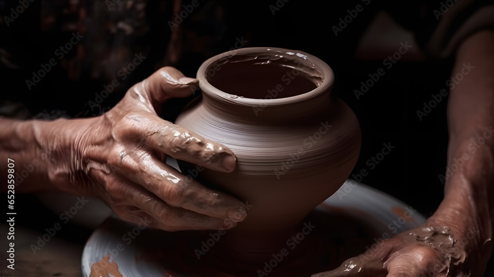 Closeup hand of senior man craftsman working on pottery wheel while sculpting from clay pot background workshop. Generation AI Closeup hand of senior man craftsman working on pottery wheel while sculpting from clay pot background workshop. Generation AI