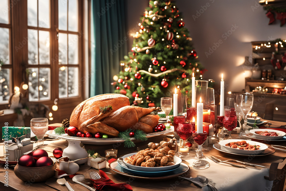 Holiday table with turkey. Generative AI 
