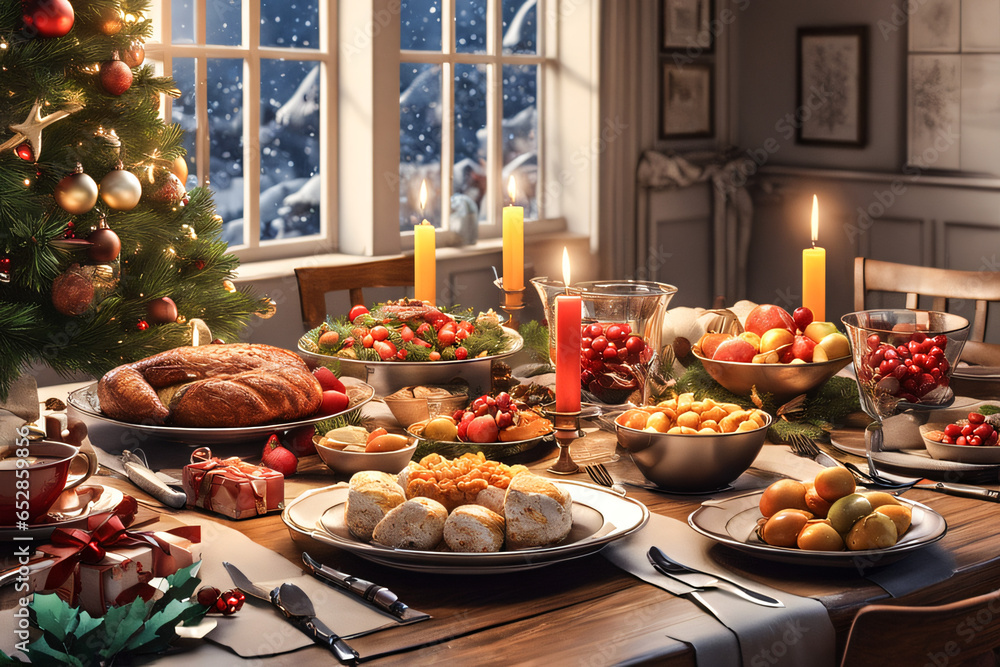 Holiday table with delicious cuisines. Generative AI 
