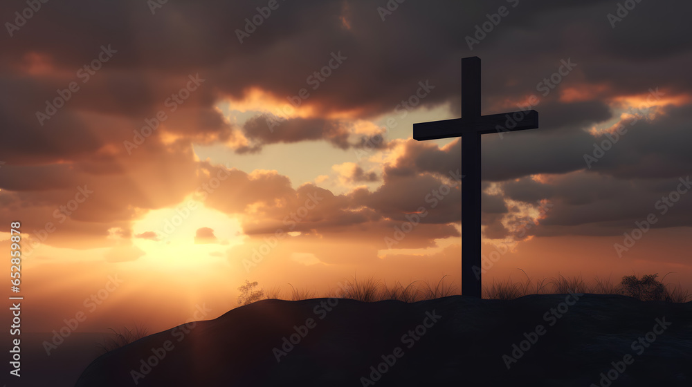Christian wooden cross of Jesus Christ on beautiful sunset background with bright lighting. Concept banner easter resurrection. Generation AI