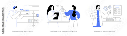 Pharmaceutical products distribution abstract concept vector illustrations.