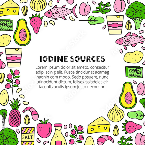 Poster with doodle colored iodine foods sources.