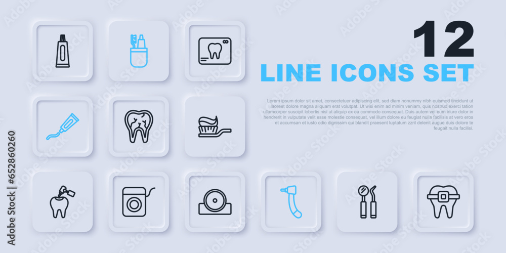 Set line Dental mirror and probe, Teeth with braces, Broken tooth, Tooth drill, Tube of toothpaste, floss, Toothbrush and Otolaryngological head reflector icon. Vector Set line Dental mirror and probe, Teeth with braces, Broken tooth, Tooth drill, Tube of toothpaste, floss, Toothbrush and Otolaryngological head reflector icon. Vector