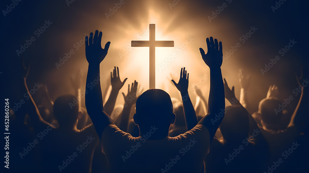 Christian worship God together hold hands and hugs warmth in Church, sun light background with sunset. Concept banner easter resurrection. Generation AI - obrazy, fototapety, plakaty 