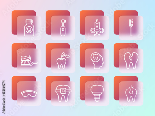 Set line Toothbrush, Teeth with braces, Toothache, Dental implant, caries and drill, Syringe, painkiller tablet and Electric toothbrush icon. Vector