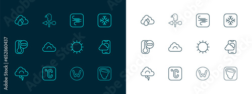 Set line Snowflake, Celsius, Sun, Compass north, Cloud, Wind, with rain and Rooster weather vane icon. Vector