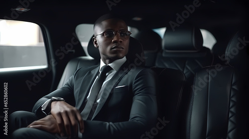 Handsome successful rich African businessman in lux car commute to work. Generation AI © Adin