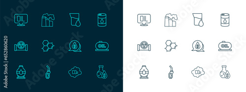 Set line Barrel oil, Gasoline pump nozzle, Oil drop with dollar symbol, CO2 emissions cloud, Molecule, petrol test tube, Word and and gas industrial factory icon. Vector
