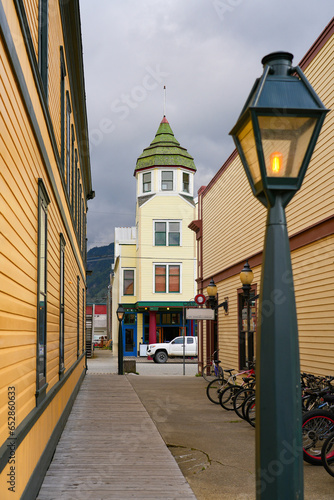 Old city center of Skagway, Alaska - Wooden tower in the Klondike Gold Rush National Historic Park photo