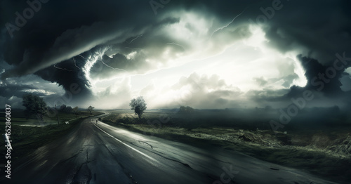 Powerful Tornado On Road In Stormy Landscape. AI generated © MartaKlos