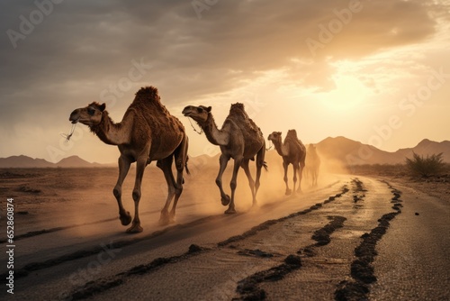 camels crossing a hot desert