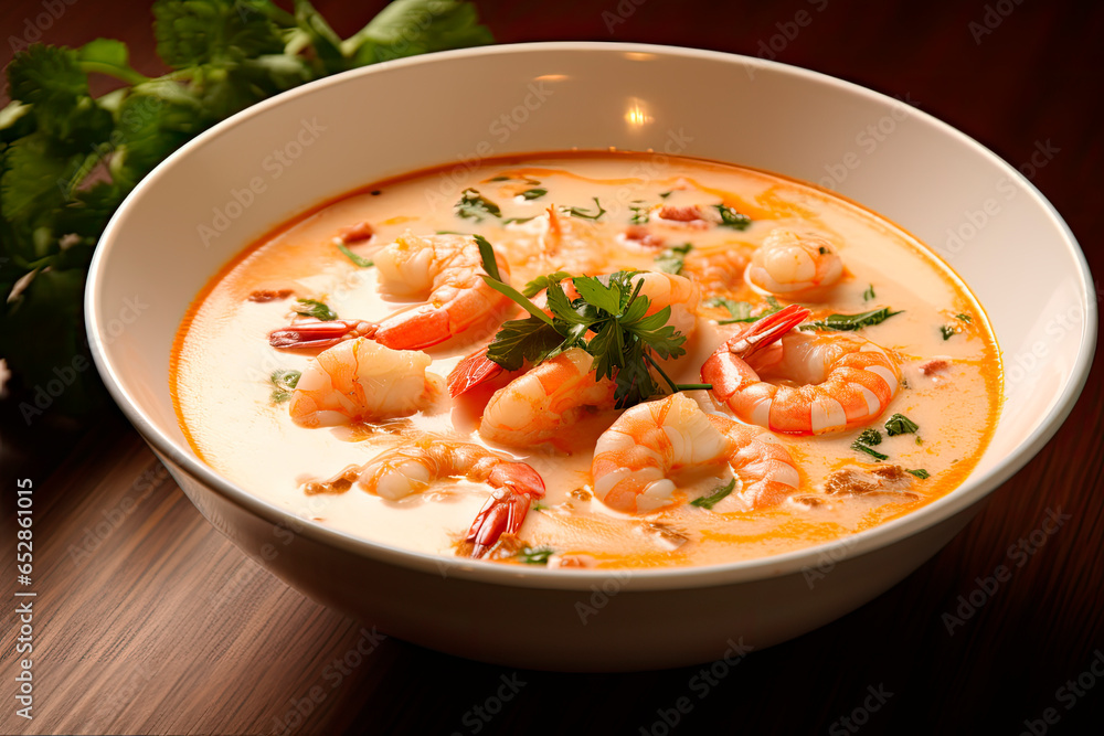 Shrimp soup on wooden table Shrimp soup on wooden table