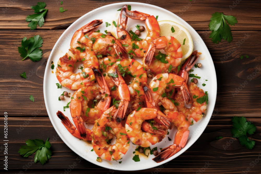 grilled shrimp with chopped parsley on plate and wooden table. Top view grilled shrimp with chopped parsley on plate and wooden table. Top view