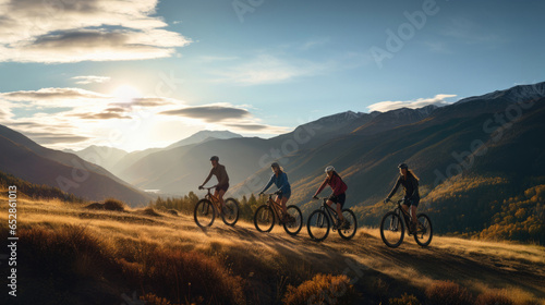 Friends riding bicycles in the mountains © Veniamin Kraskov