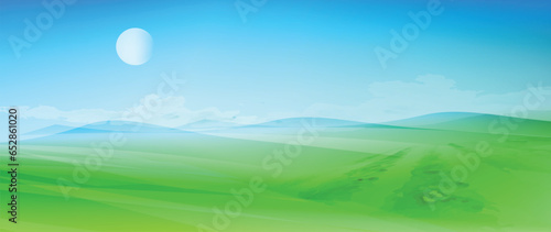 Spring nature landscape. Land  fields  meadows  mountains. Nature abstract background with watercolor textured elements. Minimal background with place for text in light blue and green colors.