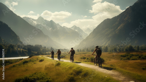 Friends riding bicycles in the mountains © Veniamin Kraskov