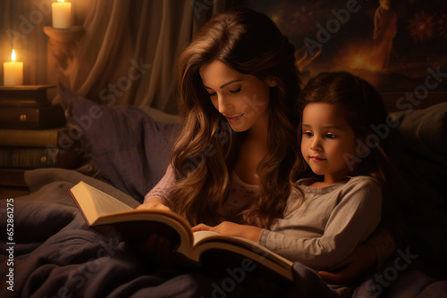 Young mother reading a book to her daughter in bed before going to sleep.