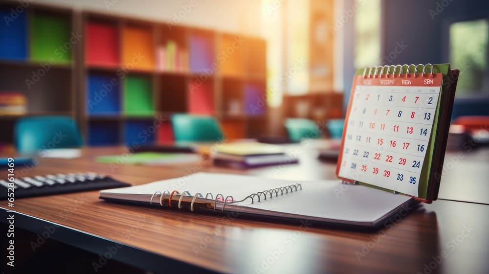 A teacher's desk calendar with important dates highlighted, seen in close-up within an empty classroom. - obrazy, fototapety, plakaty 