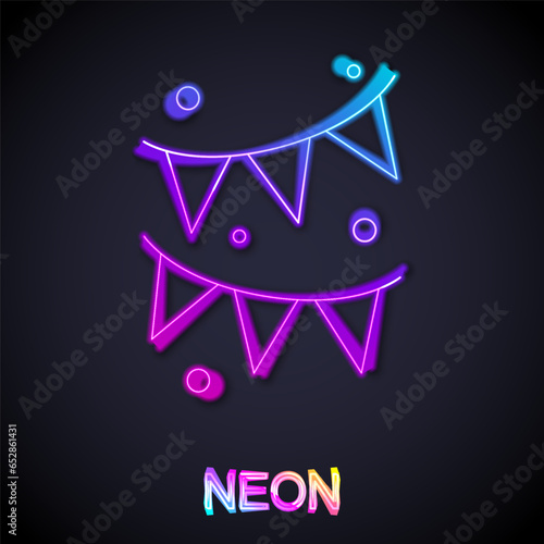 Glowing neon line Carnival garland with flags icon isolated on black background. Party pennants for birthday celebration, festival and fair decoration. Vector