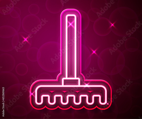 Glowing neon line Garden rake icon isolated on red background. Tool for horticulture, agriculture, farming. Ground cultivator. Housekeeping equipment. Vector