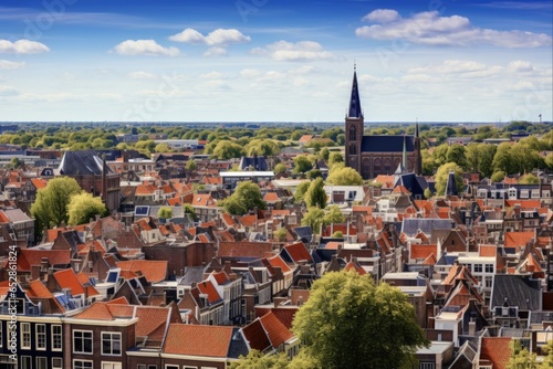 Panoramic View of Downtown Delft, Holland with Aerial Shot Featuring Vibrant Red Street Rows in the Panorama