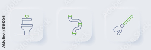 Set line Handle broom, Industry metallic pipe and Toilet bowl icon. Vector
