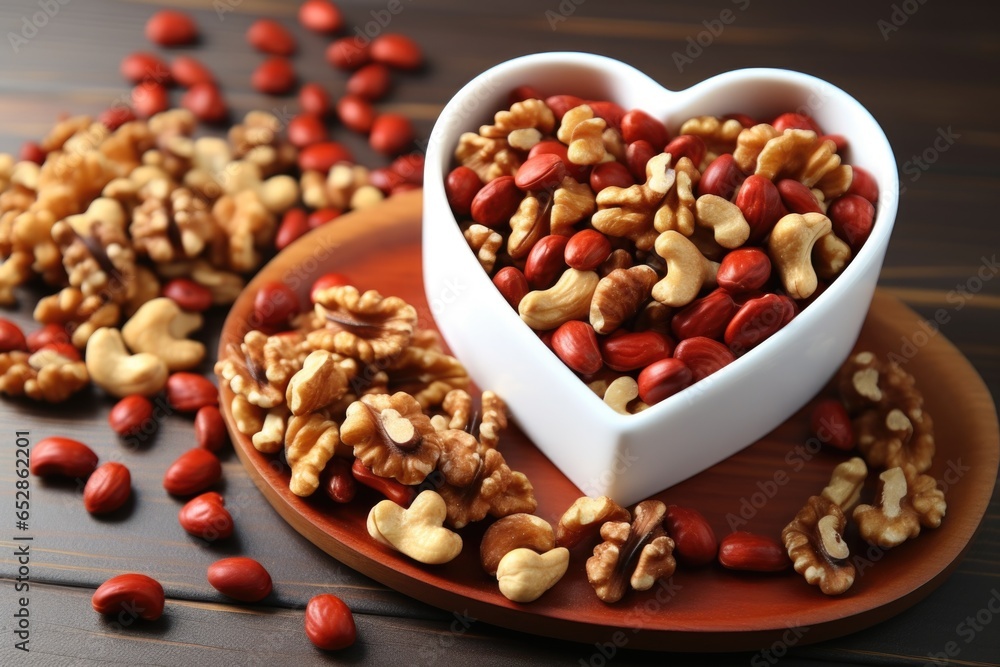 a pack of unsalted nuts next to a heart-shaped plate a pack of unsalted nuts next to a heart-shaped plate