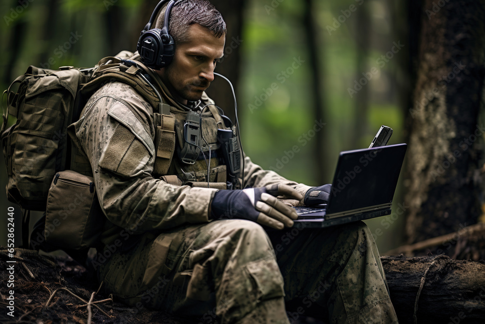 Soldier Using Laptop Computer During Military Operation in the Forest.