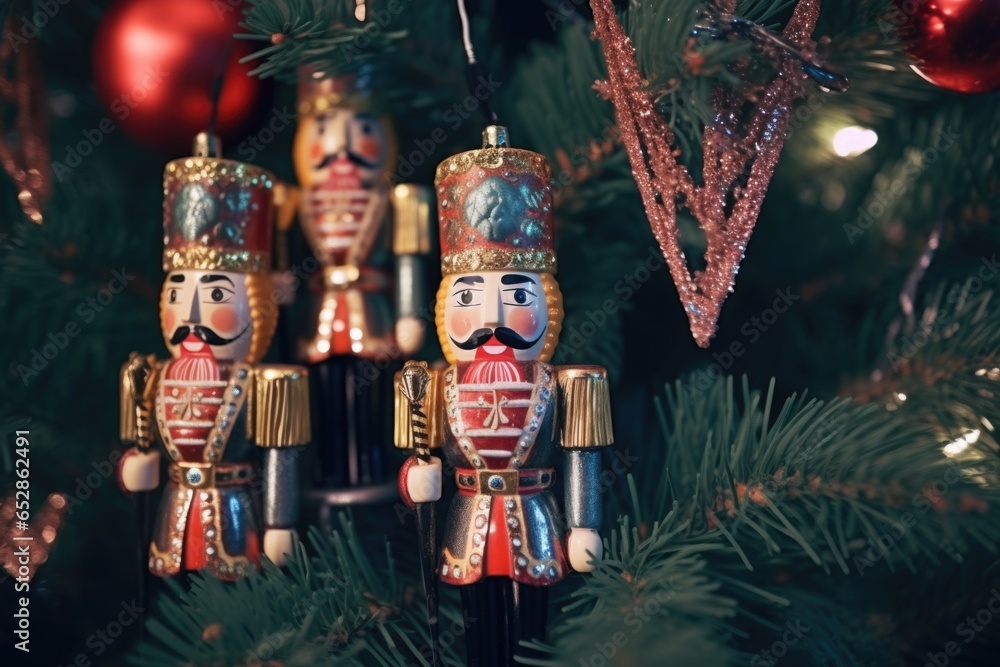 nutcracker figures nestled within pine branches of a christmas tree