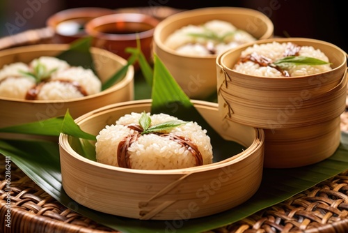 thai sticky rice in a bamboo container photo