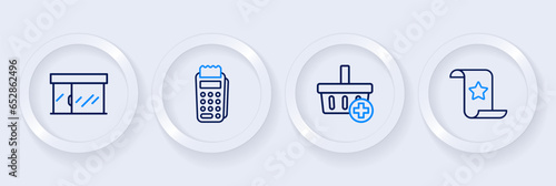 Set line Paper check and financial check, Add to Shopping basket, POS terminal and Market store icon. Vector