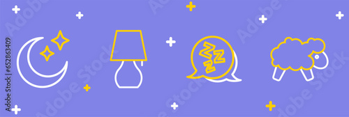 Set line Sheep, Sleepy, Table lamp and Moon and stars icon. Vector