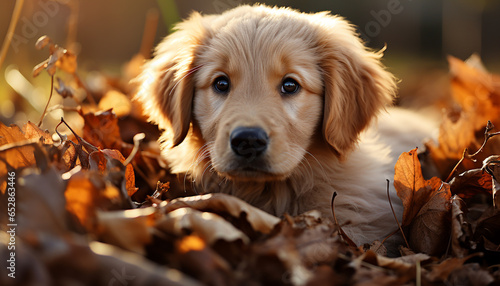 Cute puppy playing in autumn forest, purebred golden retriever enjoying nature generated by AI