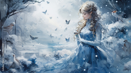 Illustration of an ice princess in a dress in winter