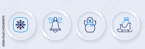 Set line Christmas santa claus sleigh, snowman, ringing bell and Snowflake icon. Vector