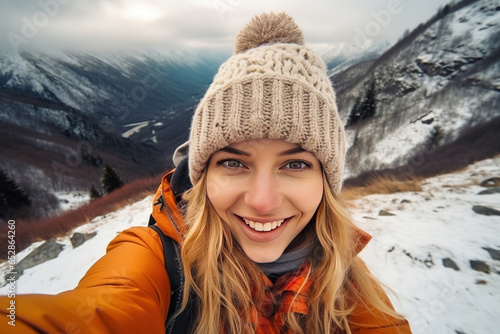Portrait of a young sporty woman in a knitted hat, taking a selfie and having fun on a winter day in the mountains. healthy lifestyle.