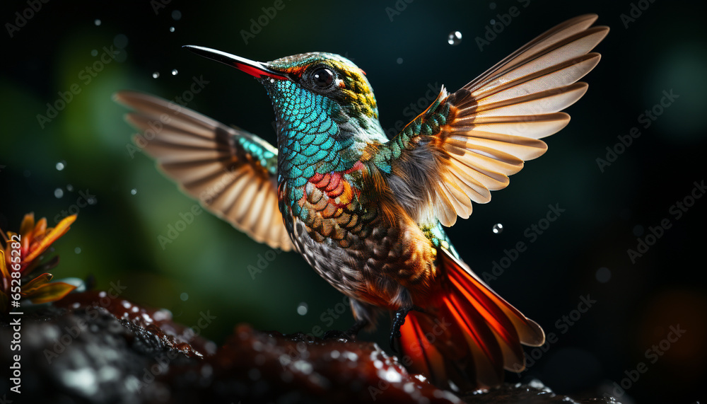 Naklejka premium Hummingbird flying, iridescent feather, vibrant colors, beauty in nature generated by AI