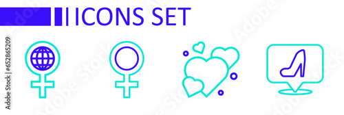 Set line Woman shoe, Heart, Female gender symbol and International Women Day icon. Vector