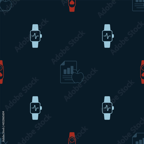 Set Smart watch with heart, Diet plan and on seamless pattern. Vector