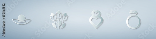 Set Elegant women hat, Flower tulip, Heart and Diamond engagement ring. Paper art style. Vector