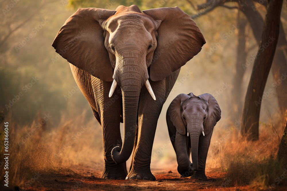 Obraz premium mother and calf elephant with natural background